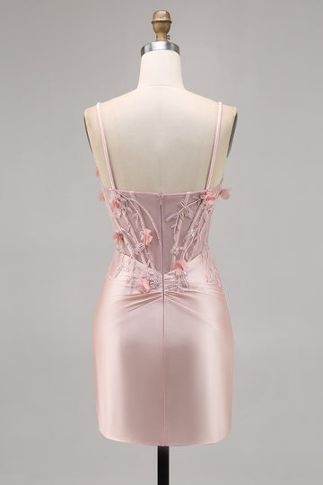 Pink Satin Corset Bodycon Homecoming Dress with Appliques